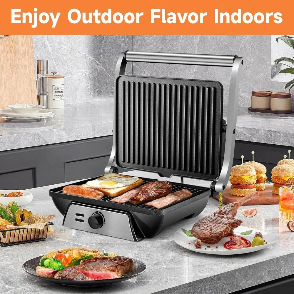 SUSTEAS Electric Panini Grill Non-Stick Plates 180° Open Floating Hinge SL-107A